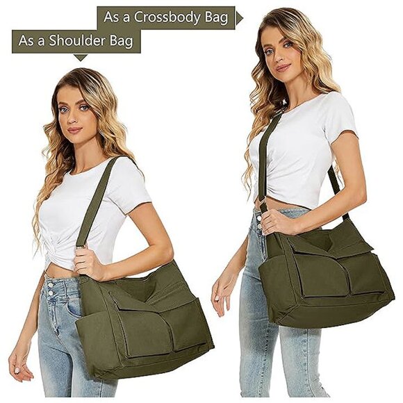 Canvas Tote Bag Messenger Bag, Large Crossbody Bag Army Green - Picture 2 of 9